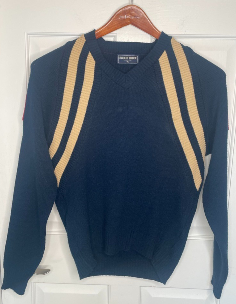 Vintage Robert Bruce Men's Wool Stripe V-neck Sweater Sz XL 80s USA Collegiate